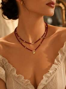 2pcs Minimalist Elegant Luxury Versatile Burgundy Acrylic Multi-Faceted Beads CCB Round Beads Heart Pendant Multi-Element Multi-Layer Necklace Suitable For Women Daily Casual Outing Banquet Music Festival Events Wear Holiday Gift - Burgundy - View 6