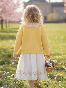 Tween Girl Knitted Embroidered Floral Collar Cardigan For Daily Wear - Yellow - View 5