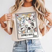 Disney Cream Crew Neck Tee Black Border Square Frame Full Group Cartoon Characters Hand Letter Year Print Cotton Loose T-Shirt - AT44703 - 查看 9