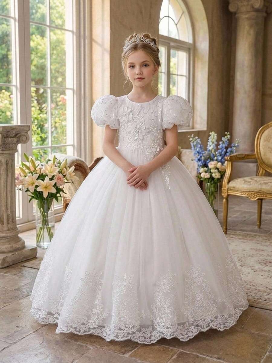 Young Girls 3D Floral Embroidered Mesh Elegant Princess Dress, Suitable For Parties, Headband Not Included - White - View 1