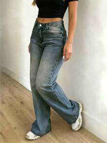 Women's Casual Versatile Straight Leg Jeans With Pockets - Navy Blue - View 3