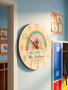 Personalized Custom Name Wooden Wall Hanging Clock, Silent Non‑Ticking Round Timepiece, Thoughtful Customized Teacher Appreciation Present, Boho Rainbow Home Interior Wall Decoration Accessory - Multicolor - View 7