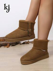 Women's Warm Fleece Short Snow Boots, Ribbed Knit Cuff With Metal Buckle Decor, Non-Slip Ankle-High Boots, Winter Casual Outdoor Walking Mid-Calf Boots - Brown - View 5