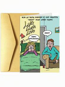 1pc Funny Married Couple Split Panel Cartoon Anniversary Greeting Card, 90% Marriage Is Shouting What From Other Rooms Humor Print, Live Laugh Love Sarcastic Novelty Gift For Husband Wife Spouse, Thicker And Larger Envelope And Card - Multicolor - View 6