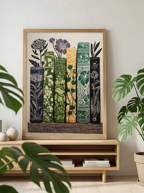 1pc Botanical Book Stack Wall Art, Folk Floral Library Print, Scandinavian Tree Print, Nordic Linocut Landscape Wall Art,Bedroom Decor,LivingRoom Decor,Dorm Decor,Wall Arts,Wall Decor,Home Decor,Room Decor, Canvas Wall Art, Posters,Optional Frame