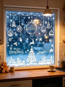 244pcs/9pcs Christmas Window Stickers, Double-Sided Christmas Tree & Snowflake Window Decals, White PVC Holiday Stickers For Home, Store, Glass Display Decoration, Christmas Home, School, Office Decor - A - View 1