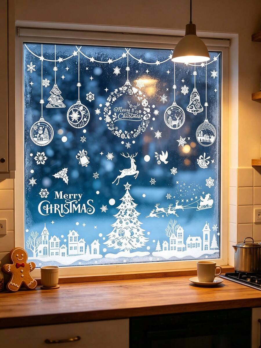 244pcs/9pcs Christmas Window Stickers, Double-Sided Christmas Tree & Snowflake Window Decals, White PVC Holiday Stickers For Home, Store, Glass Display Decoration, Christmas Home, School, Office Decor - A - View 1
