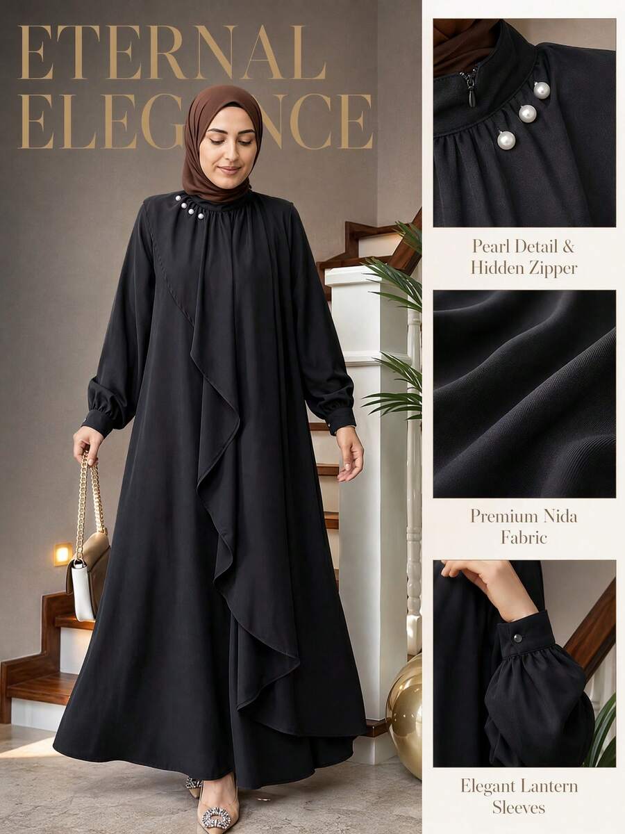Fashionable Vintage Solid Color Traditional Arabic Loose Long Robe Dress Black Fall - Black - View 1