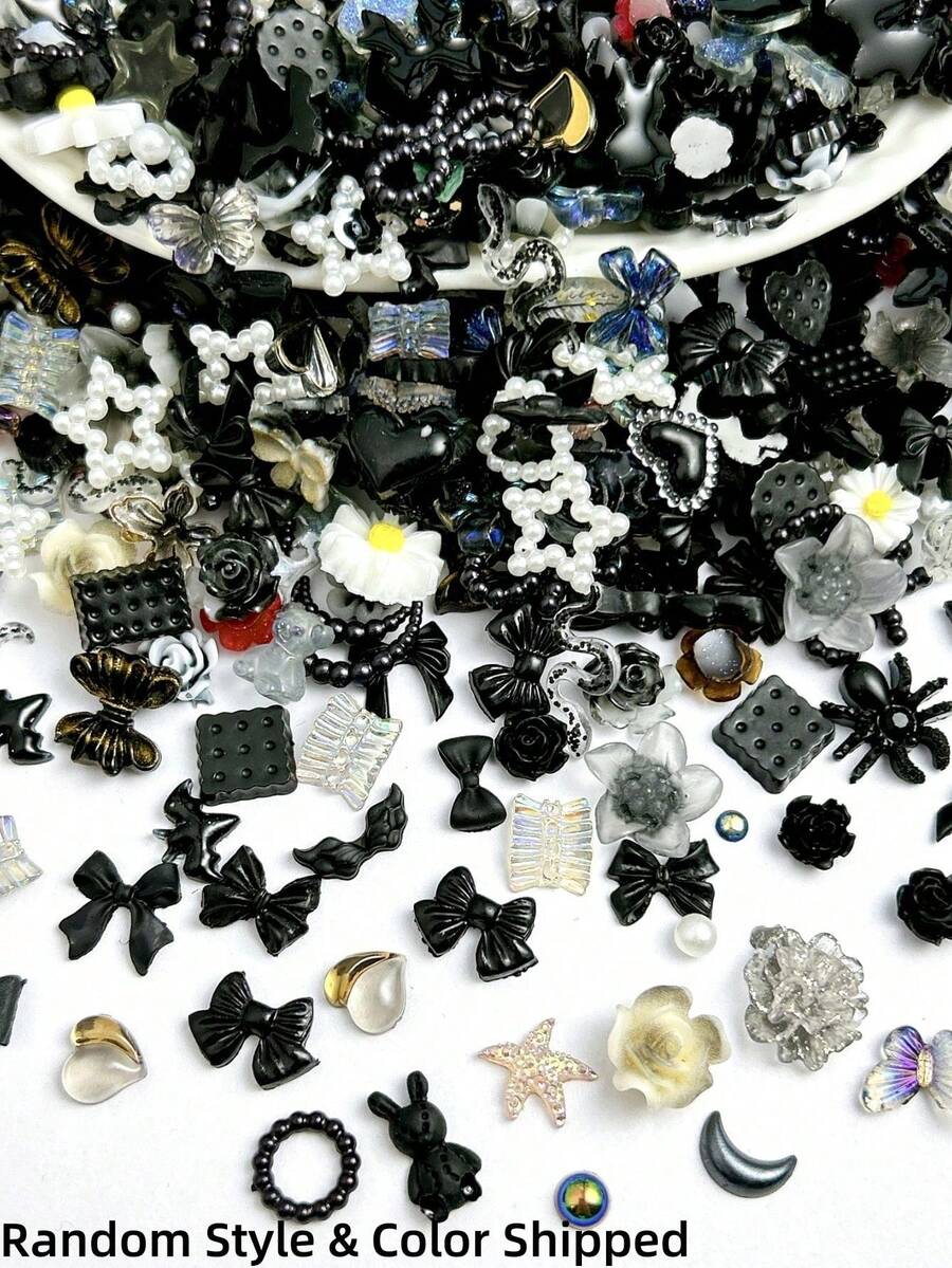 50件隨機混色暗黑風樹脂迷你蝙蝠蜘蛛蛇甜酷辣妹風彩色珍珠蝴蝶結花朵愛心羽毛美甲裝飾DIY - 彩色 - 查看 1