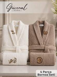 Diamond Pattern Jacquard Shawl Collar Bathrobe - S/M - L/XL - Made In Turkey - Brown - View 2