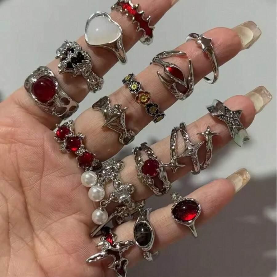 Gothic Style Red Crystal Butterfly Heart-Shaped Open Ring, Women's Vintage Adjustable Finger Ring, Halloween Jewelry - Multicolor - View 1