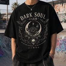 Totenkopf Shirt, Dark Soul Club T-Shirt, Retro Punk Stil T-Shirt, Punk Bohemian Muster T-Shirt, Gothic Fantasy Street Style - Schwarz - Übersicht 1