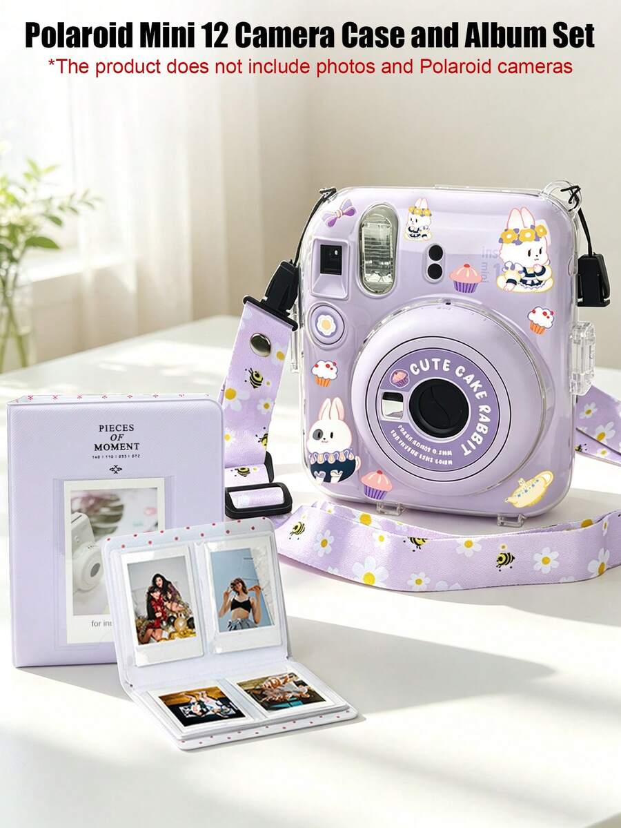 Set Aksesoris untuk Kamera Instan Fujifilm Mini 12, Kotak Pelindung Keras Kristal Bening, Tali Bahu Motif Bunga Daisy, Album Foto Portabel 3 Inci, Stiker Kelinci Lucu DIY, Kit Aksesoris Kamera, Kamera Tidak Termasuk - View 1