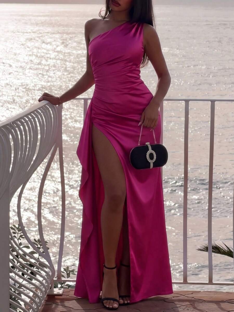 Solid Color Party Asymmetric Ruffle Dress With High Thigh Slit - Hot Pink - View 1