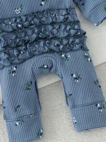 1pc Newborn Baby (Girl) Cute Comfortable Waffle Print Peter Pan Collar Long Sleeve Romper With Headband, Thin Spring/Autumn - Blue - View 7