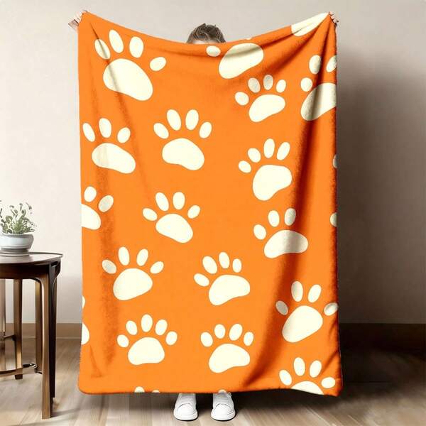 2026 New 1pc Comfortable Orange Paw Print Flannel Throw Blanket - Soft And Breathable, Do Not Bleach, Suitable For Home Decor, Sofa, Bedroom, Office, Dorm And Outdoor - Ideal Gift For Pet Lovers And Dog Owners