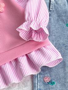 2pcs Baby Girl Casual Preppy Style 3D Flower Long Sleeve Striped Patchwork Ribbed Sweatshirt & Embroidered Denim Pants Set, Thin For Spring/Autumn - Pink - View 4