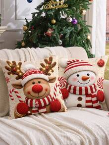 4Pcs Christmas Themed Throw Pillow Covers 45x45cm Christmas Theme Patterns Of Santa Claus, Gingerbread Man, Snowman, Red-Nosed Reindeer Ideal For Christmas Home Sofa Living Room Decor(Pillow Inserts Not Included) - Multicolor - View 6