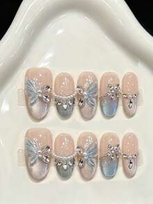 10pcs Short Oval Handmade Press-On Nails, Light Blue Cat Eye Butterfly Zirconia Style, Suitable For Girls And Women For Holiday Parties And Daily Wear, Summer New - Baby Blue - View 12