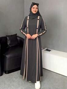 Casual Dark Gray Striped Half-Zip Side Button Decor Long Sleeve Loose Muslim Maxi Dress Fall - Dark Grey - View 11