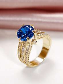 1 buah Cincin Wanita Bertema Kubik Zirkonia, Cocok untuk Pernikahan, Pertunangan, dan Hadiah Hari Valentine - Kuning keemasan + biru tua - View 15