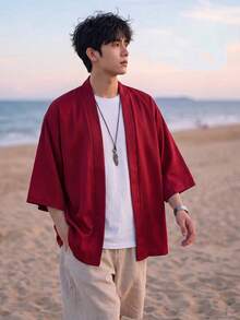 Men's Kimono Style Loose Fit Casual Cardigan Kimono Shirt, 100% Polyester, Lightweight Breathable Flowy Fabric, Solid Color Versatile Single Layer, Thin Air Conditioning Top - Red - View 3