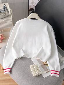 Girls Cute Heart Short Knit Pullover Sweater, Suitable For Daily Casual Wear In Spring, Autumn And Winter - White - View 2