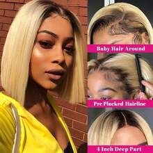 Brown Dark Roots With #613 Blonde Color 13x4 Transparent Lace Frontal Human Hair Wigs For Women Pre Plucked Hairline 10inch 12inch 14inch 180 Density Ready To Wear Glueless Ombre Ash Blonde Colored Short Bob Wigs For Women Same Day Free Shipping - S4/613 - View 10