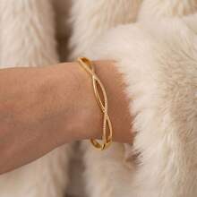 3pcs 18K Gold Plated Jewelry Set, Rhinestone Criss Cross Bangle Ring & Textured Butterfly Bracelet, Versatile Daily Wear - Gold - View 5