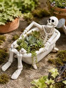 1pc Creative Halloween Skeleton Bathtub Planter,Outdoor Succulent Plant Pot, Gothic Garden Plant Pot,Funny Skull Head Patio Planter, Small Cactus Pot,Halloween Yard Decor,Garden Lover Gift,Home Decor Accents,Outdoor Decorative Ornaments - Multicolor - View 4