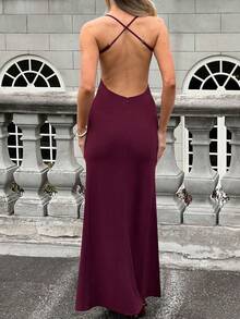 Elegant Sleeveless Knitted Fitted Maxi Dress,  Made Of Slightly Elastic Fabric, Contours The Body, Side Slit Design Adds Sexy Charm. - Burgundy - View 2