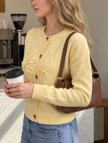 Women's Vintage Yellow Knitted Cardigan, Decorated With Floral Applique, Long Sleeve Round Neck Button Front Sweater Top - Yellow - View 7