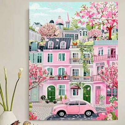 1 pezzo Pittura di diamanti 5D | Set di pittura di diamanti con fiori di ciliegio rosa da sogno, strada di Parigi e auto vintage, esterno architettonico morbido, ricco tendone floreale e atmosfera cittadina immaginativa. Pittura decorativa fatta a mano, set di pittura di diamanti 5D fai-da-te, crea la tua opera d'arte da parete fai-da-te, goditi il divertimento dell'artigianato manuale, regalo perfetto per gli amici