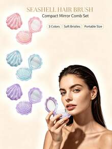 1pc Shell Air Cushion Scalp Massage Comb, Portable Shell Comb, Girls Students Comb, Foldable Comb, Multi-Color, Built-In Mirror - Multicolor 3 - View 3