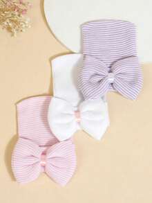 YIYIQCSJ 3pcs Baby Newborn Hat Set Striped Pattern Bow Decor Cute Beanie Soft Suitable For Baby Girls Boys 0-3 Months - Multicolor - View 2