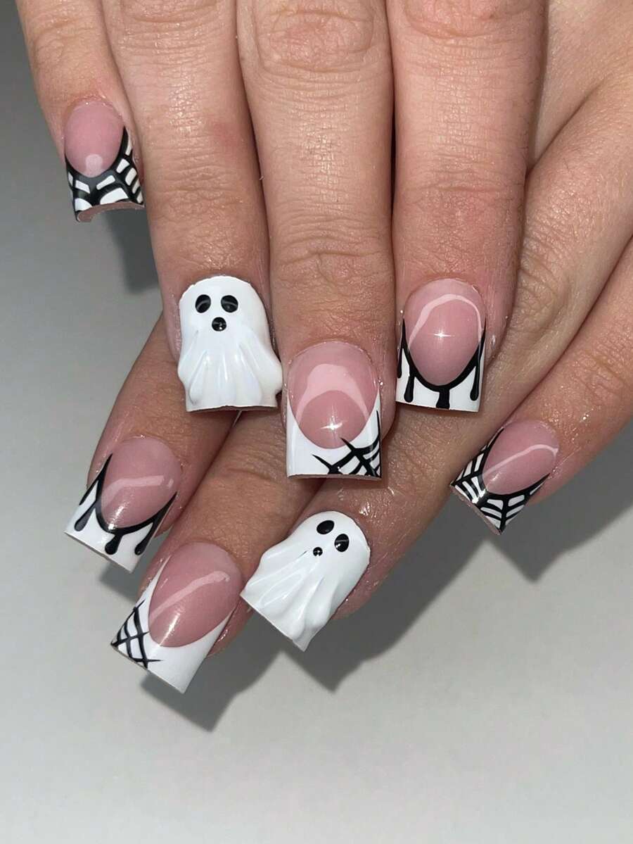 24PCS Short Square Fake Nails Halloween Series Black And White French Spider Web Ghost Drops Nail Alloy Acrylic Pressure On Nails Gel Nail Nail Supplies Nail Set (Attached: 1pc Jelly Glue & 1pc Nail File) Suitable For Women's Daily Dating - Black and White - View 1