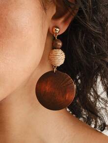 Nocturel 2pcs Brown Wood & Rattan Woven Bead & Disc Dangle Earrings - Multicolor - View 4