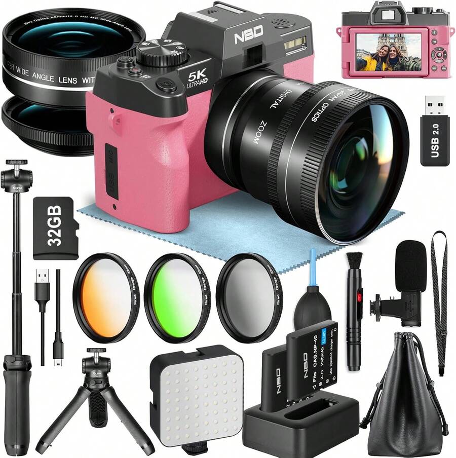 Kamera Digital NBD 5K 64MP dengan Mikrofon Eksternal, Pencahayaan, Lensa Makro Sudut Lebar, 3 Filter Warna, Tripod - Hadiah Sempurna untuk Pemula dan Penggemar Fotografi - View 1
