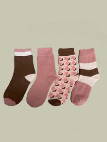 4 Pairs Japanese Style Gentle Warm Mid-Calf Women's Socks, Daily Commute Home Heat-Retaining Thickened Versatile Cotton Socks - Multicolor - View 7