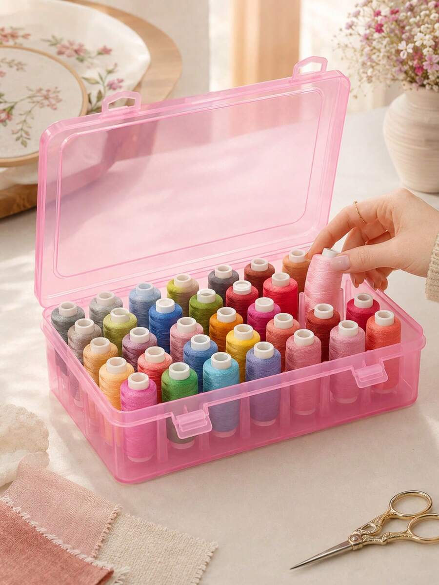 42-Slot Transparent Plastic Sewing Thread Storage Box, Multi-Functional Storage Box, Suitable For Small And Medium Thread Spools, Ideal For Craft Room And Travel, Thread Spool Organizer, Storage And Organization, Sewing Rack, Large Capacity Portable - Multicolor - View 1
