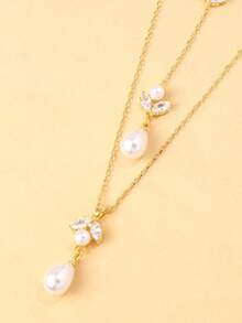 outingfit 1pc Gold Zirconia Leaf Pearl Back Necklace, Bridal Wedding Dress Backless Dress Water Drop Pendant Back Chain Body Accessory - Geometric - View 7