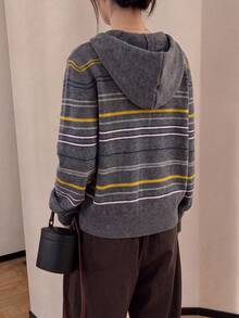 Jaket Kardigan Rajut Berkerudung Motif Garis-Garis Vintage Kasual Musim Gugur/Dingin untuk Wanita - Grey - View 2