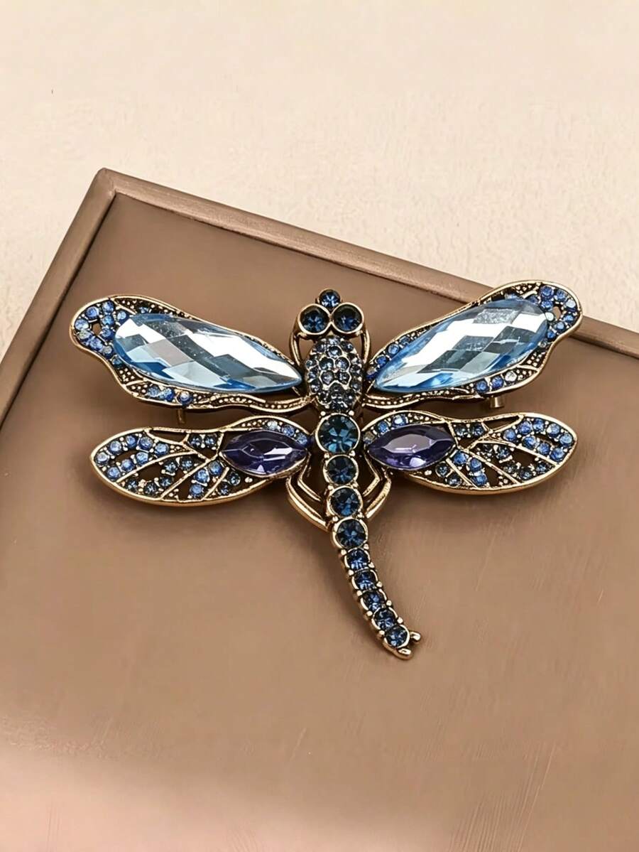 1pc Exquisite Blue Rhinestone Dragonfly Brooch, Creative Versatile Suit Decoration Pin, Daily Wear Accessory, Perfect Gift For Holidays - Blue - View 1