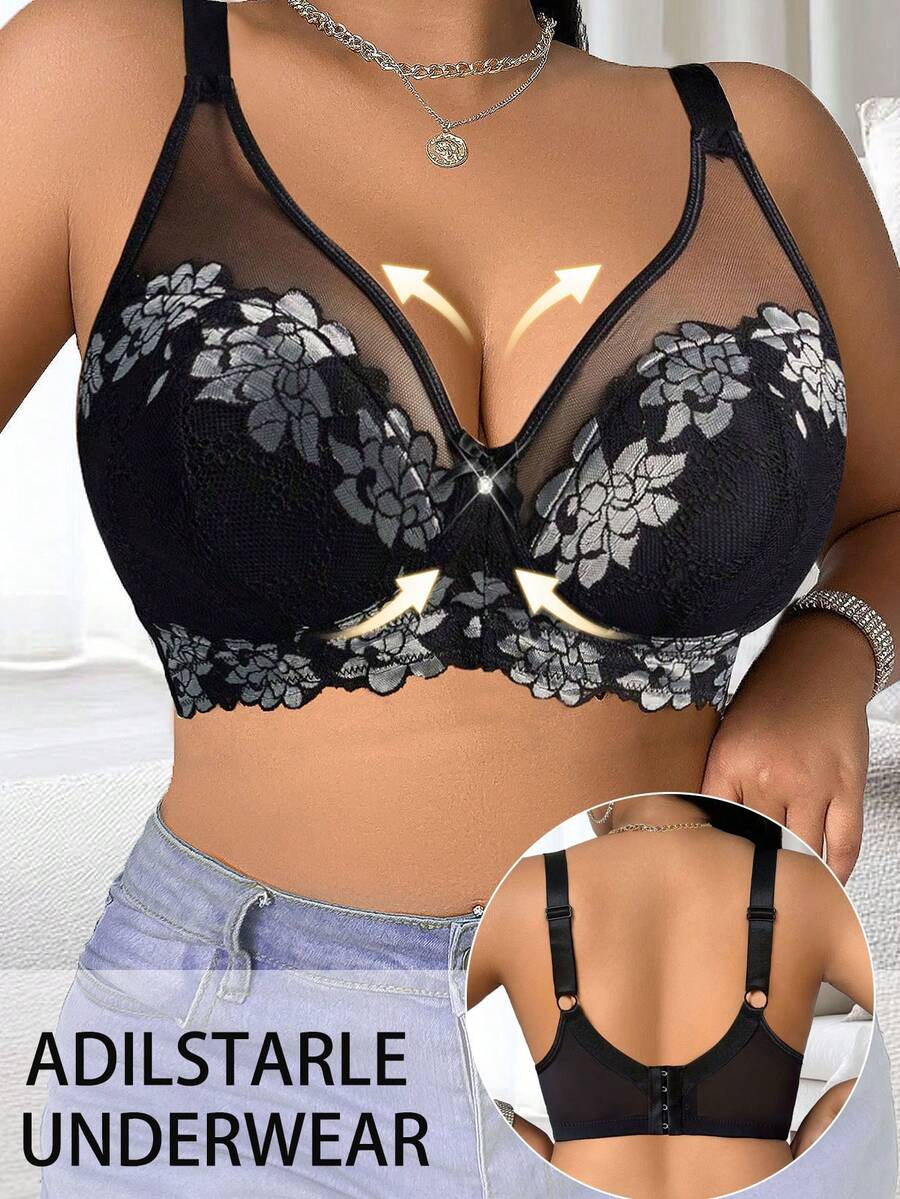 1pc Plus Size Lace Patchwork Wireless Seamless Bra, Suitable For Daily Wear In Various Occasions - Black - View 1