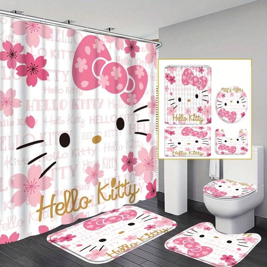 SANRIO 4件組 Hello Kitty 浴室浴簾套組含地墊,可愛貓咪浴室浴簾套組含地墊、馬桶蓋套與浴室地墊,現代浴室裝飾含地墊與12個塑膠掛鉤 - 4-piece shower curtain set - 查看 1