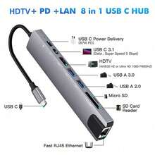 8合1 USB Hub 多功能 Type-C 轉接器 4K HDTV 100Mbps RJ45 乙太網路 USB3.0 87W PD 充電孔 TF SD 讀卡機 相容於 Macbook、Matebook、S10 及其他裝置 - 查看 14