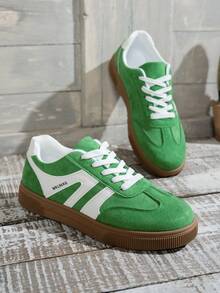1 paire de chaussures décontractées multifonctions pour femmes, nouvelles chaussures de mode printemps/automne, chaussures plates à lacets, bout rond, semelle en caoutchouc, chaussures de skateboard, noir, blanc, marron, imprimé léopard, bloc de couleurs kaki, chaussures de tous les jours, chaussures décontractées, taille 36-42, chaussures d'entraînement de mode, à porter toute l'année - Vert - Voir 11