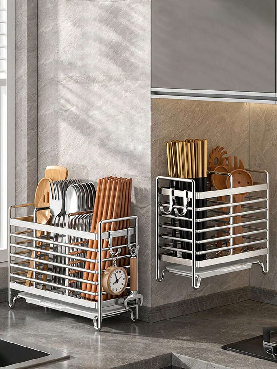 Giá treo tường đựng đũa bằng thép không gỉ, hộp lưu trữ dụng cụ ăn uống tiết kiệm không gian, kệ bếp chống rỉ cho gia đình và thương mại - Xem 1