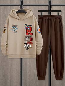 Youth Boy Letter Print Warm Hoodie And Pants Set - Apricot - View 5
