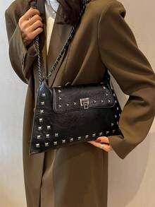 Fashionable And Elegant Street Holiday Solid Color Chain Retro Multifunctional Shoulder Bag Envelope Handbag, Y2k Bag, Gothic Punk Women's Bag - Black - View 2